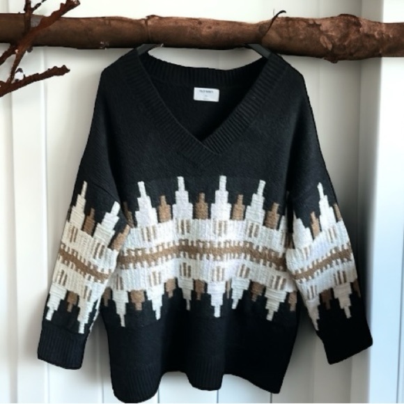 Old Navy Black Ivory Tan Slouchy Heavyweight Fair Isle V-Neck Tunic Sweater XXL - Picture 1 of 11